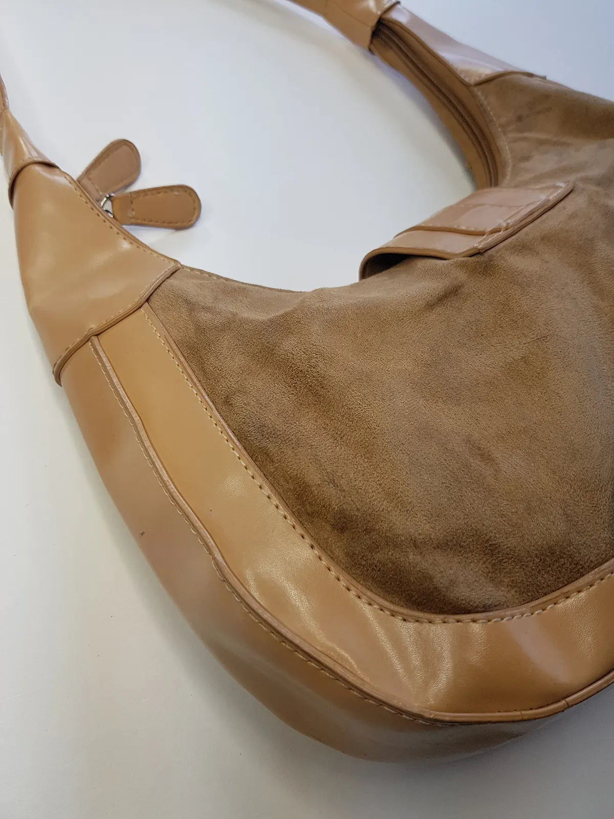 1990s Vintage Buckled Suede Purse in Camel Tones - silver hardware - perfect shape and so cute