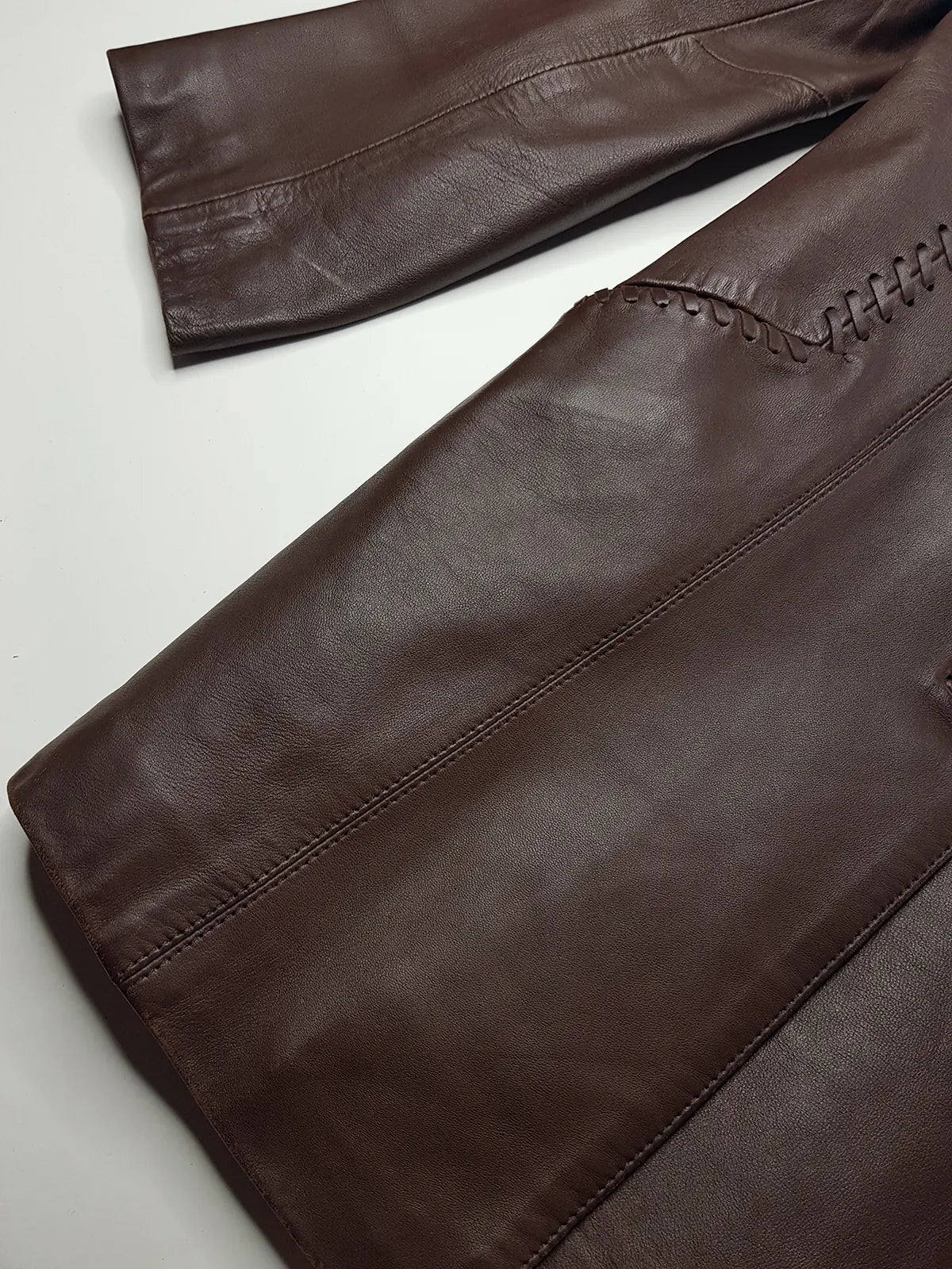 Italian Vintage Rich Hickory Brown 90s Vintage 100% Genuine Leather Jacket - Hourglass Cut Tailoring - Feature Braided Leather Detailing