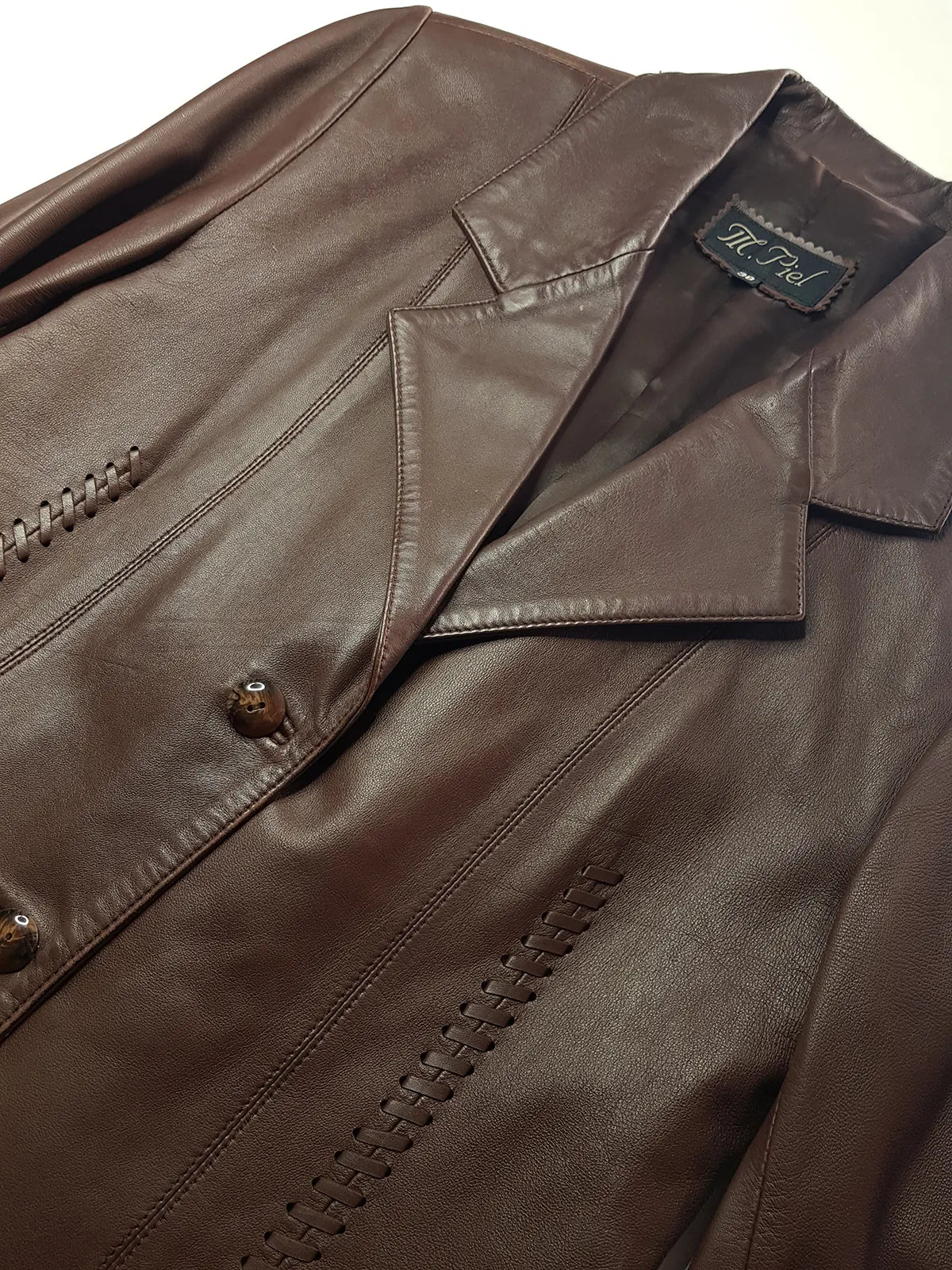 Italian Vintage Rich Hickory Brown 90s Vintage 100% Genuine Leather Jacket - Hourglass Cut Tailoring - Feature Braided Leather Detailing