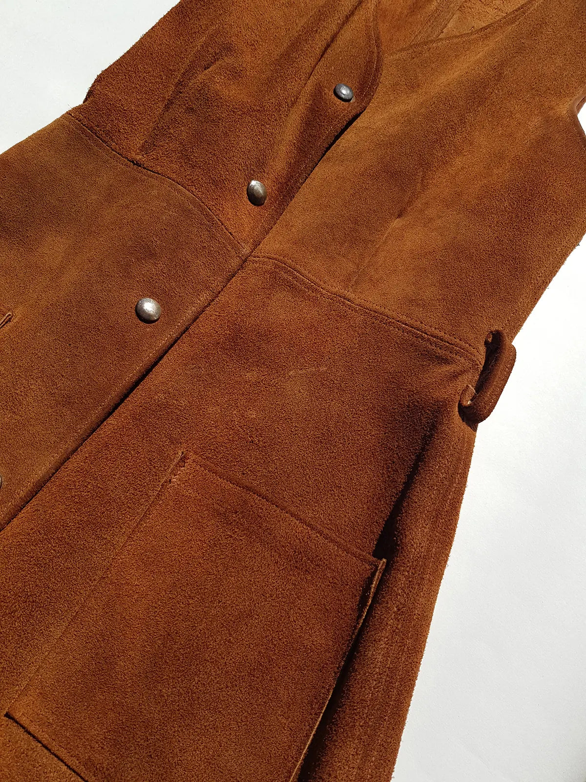 1970s genuine leather authentic vintage mini dress / vest in rich tobacco brown - metal pop buttons - belt loops - unbelievably cool