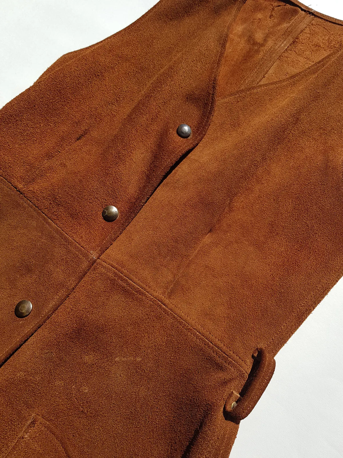 1970s genuine leather authentic vintage mini dress / vest in rich tobacco brown - metal pop buttons - belt loops - unbelievably cool