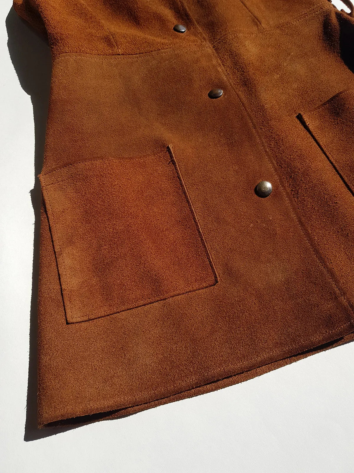 1970s genuine leather authentic vintage mini dress / vest in rich tobacco brown - metal pop buttons - belt loops - unbelievably cool