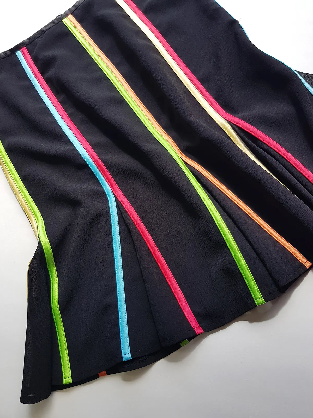 2000s Joseph Ribkoff Ribbon Skirt with gorgeous flare at the hem - rainbow panel ribbons