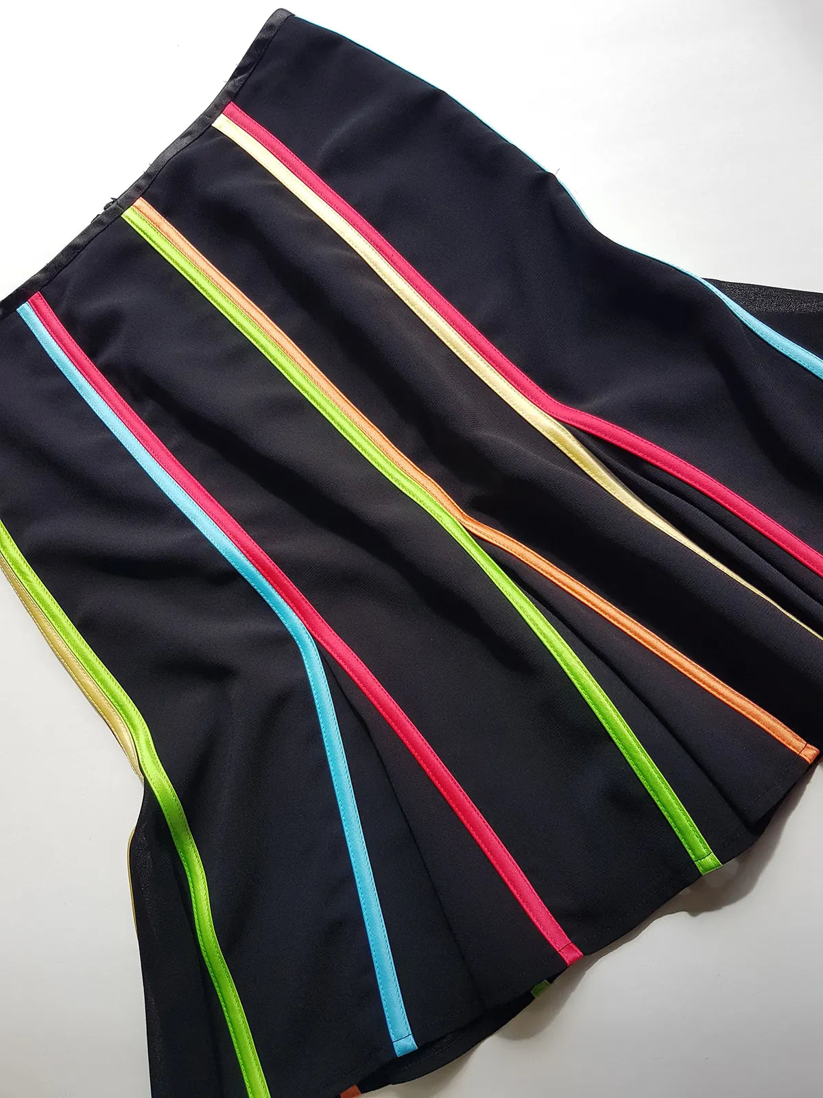 2000s Joseph Ribkoff Ribbon Skirt with gorgeous flare at the hem - rainbow panel ribbons