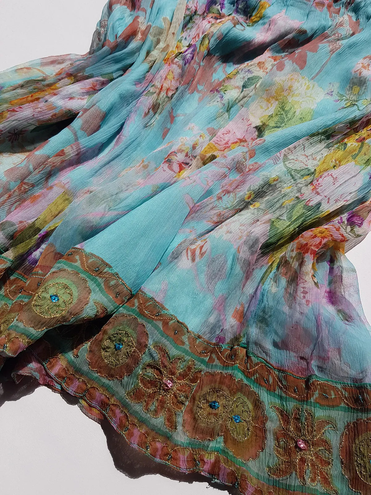 Vintage Designer Rene Derhy 2000s impressionist watercolour fairy dream skirt in blues pinks & crinkle fabric with ornate hemline