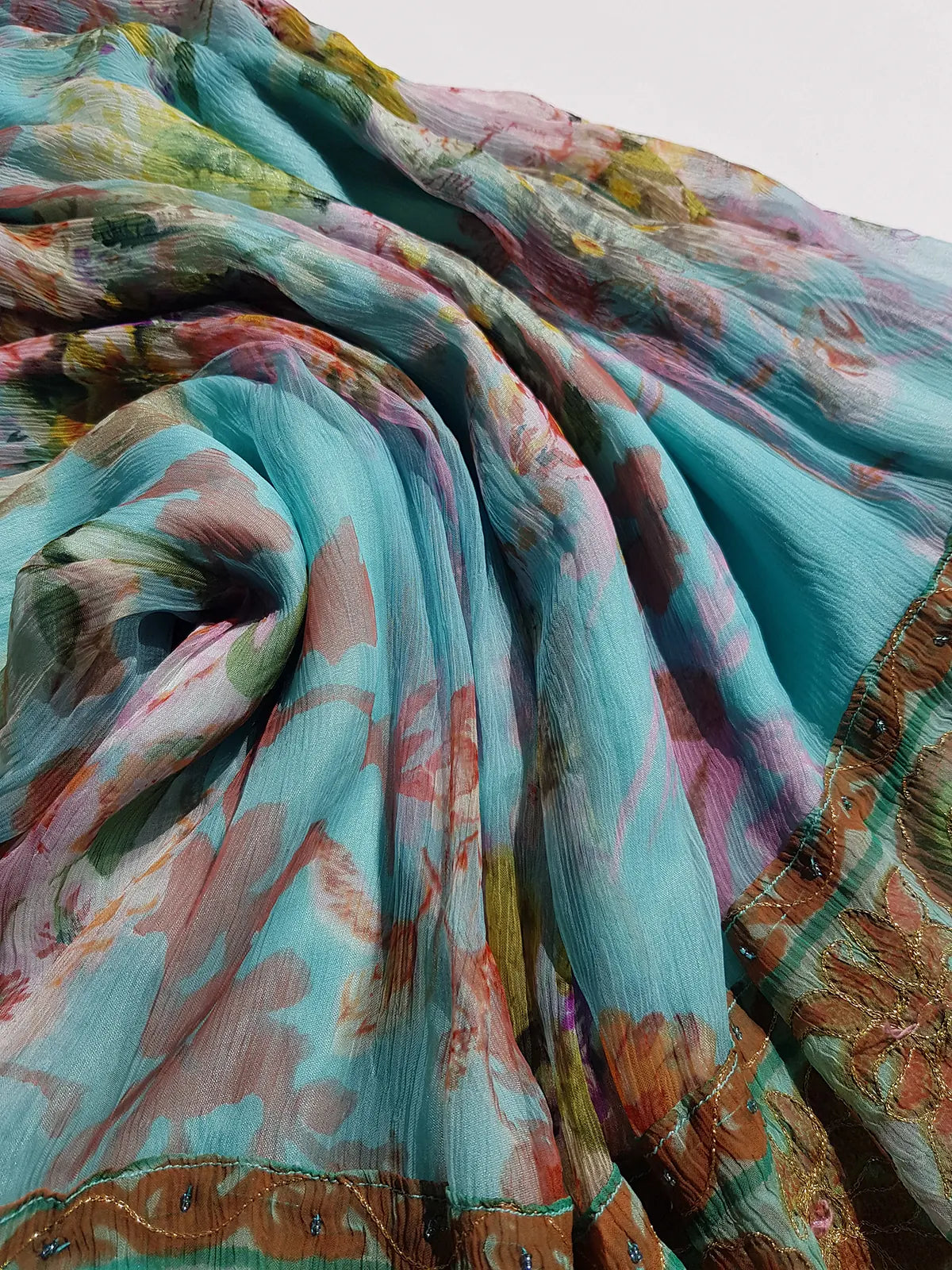 Vintage Designer Rene Derhy 2000s impressionist watercolour fairy dream skirt in blues pinks & crinkle fabric with ornate hemline