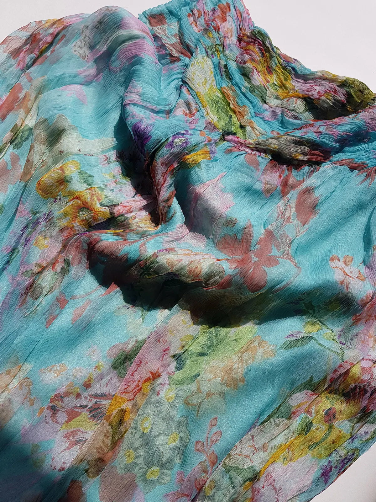 Vintage Designer Rene Derhy 2000s impressionist watercolour fairy dream skirt in blues pinks & crinkle fabric with ornate hemline