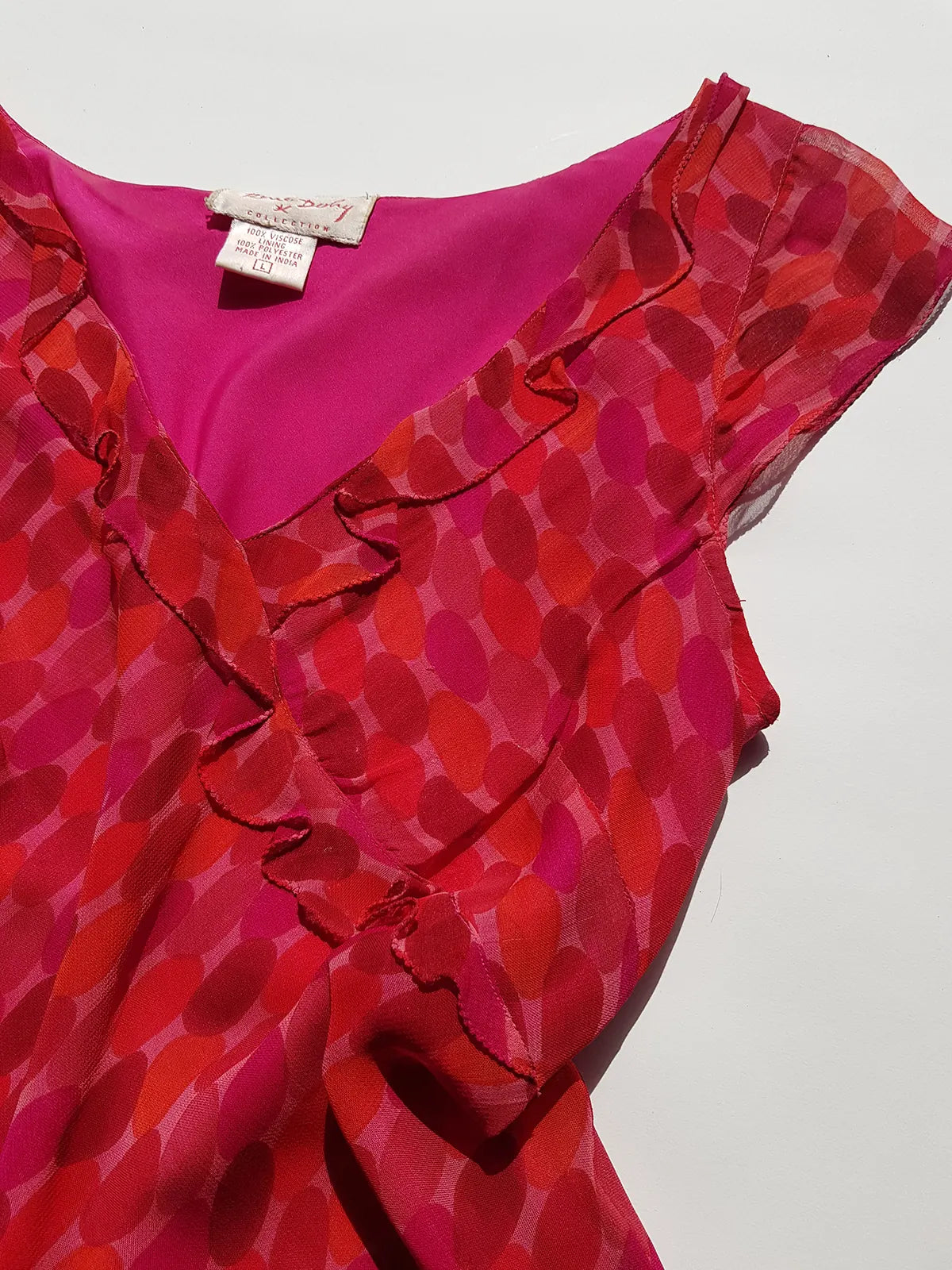 Rene Derhy Designer 90s Incredible Ruffled Bust Vintage Pink & Red Dress - Wrap Look - very light and flowy