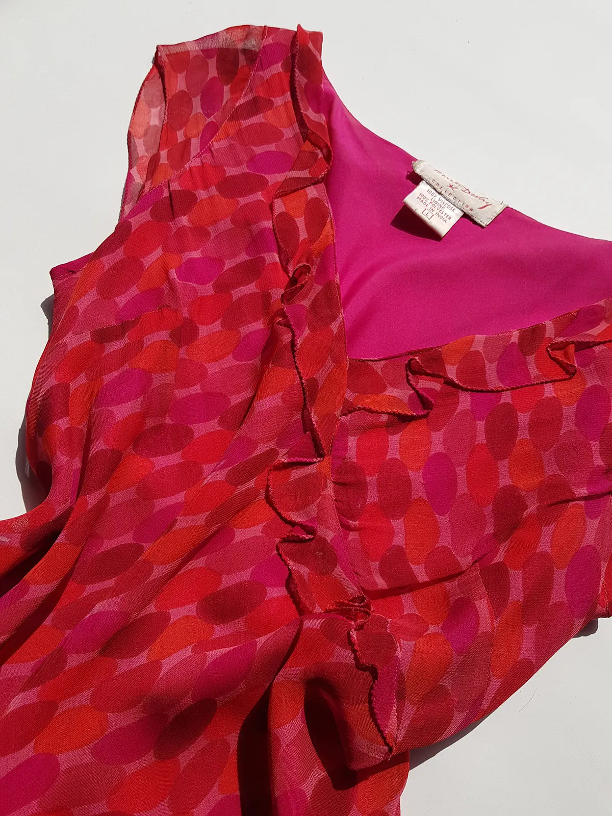 Rene Derhy Designer 90s Incredible Ruffled Bust Vintage Pink & Red Dress - Wrap Look - very light and flowy