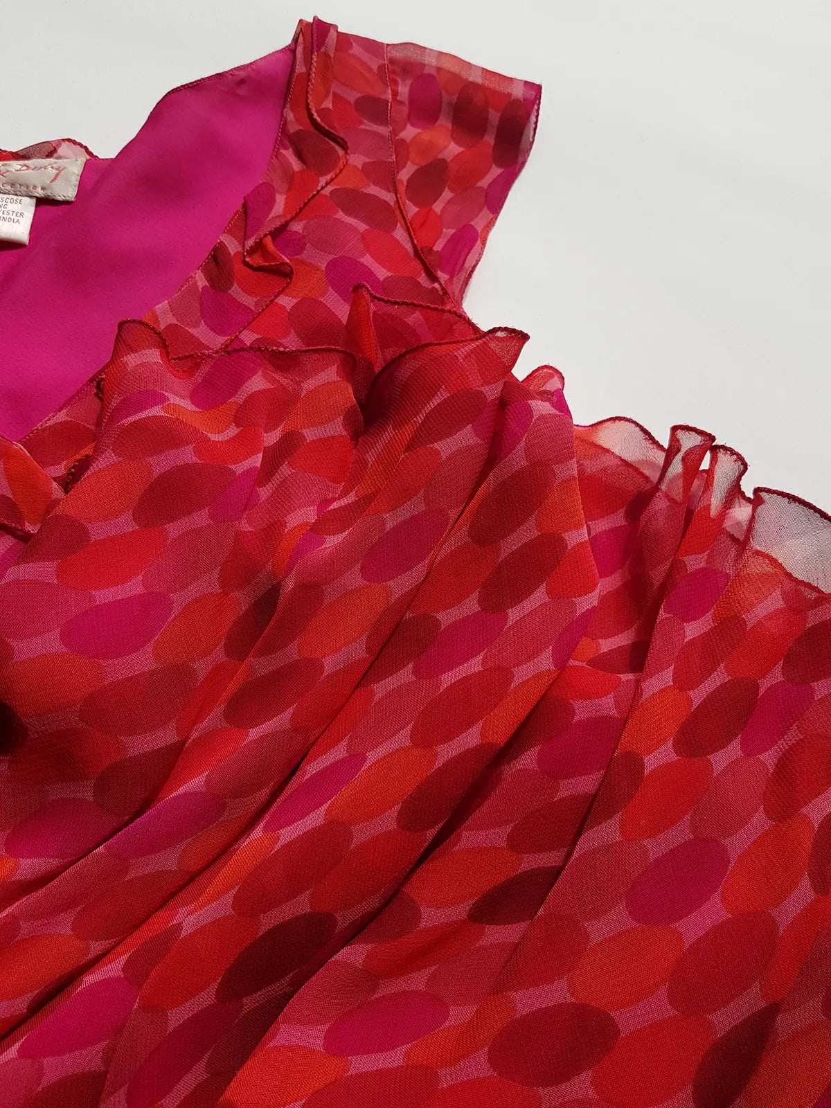 Rene Derhy Designer 90s Incredible Ruffled Bust Vintage Pink & Red Dress - Wrap Look - very light and flowy