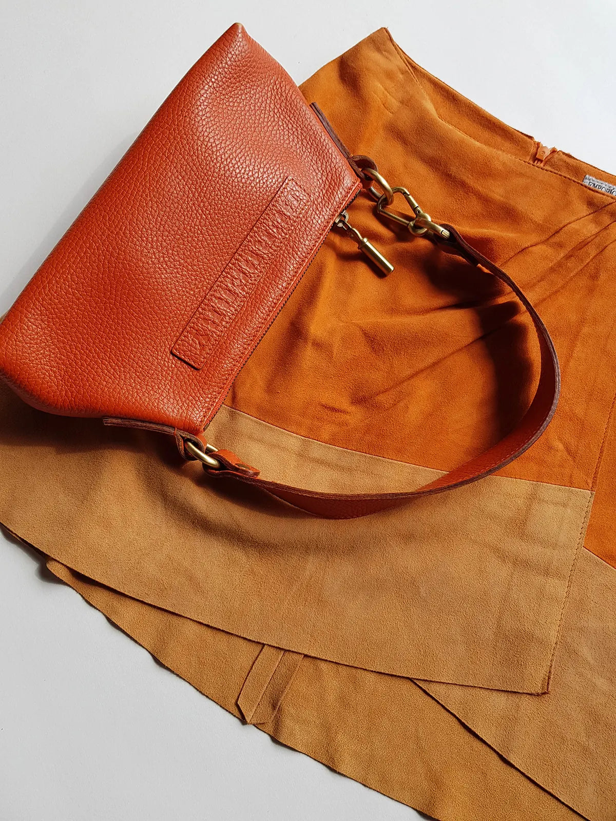 Emporio Armani Tangerine Mini Suit Set - 100% Buttery Soft Suede Leather - Structured & Tailored Two Piece - Jacket & Mini Skirt - Absolute Knockout for Summer / Autumn
