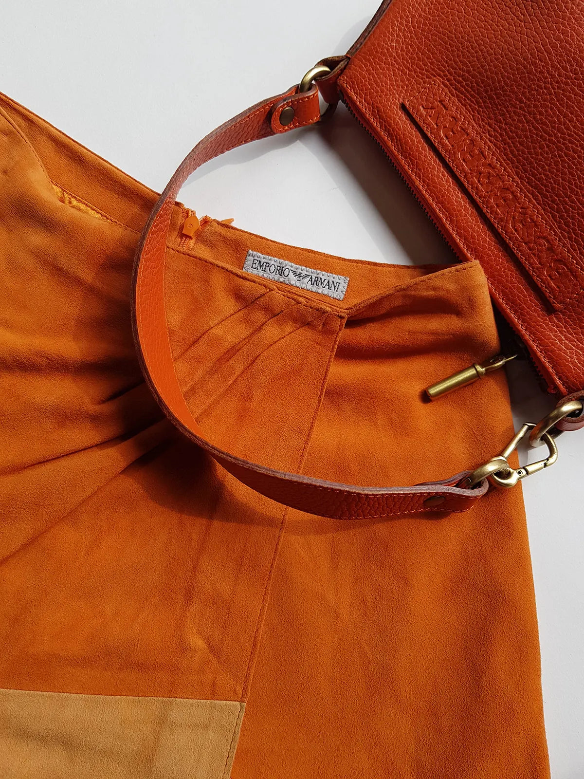 Emporio Armani Tangerine Mini Suit Set - 100% Buttery Soft Suede Leather - Structured & Tailored Two Piece - Jacket & Mini Skirt - Absolute Knockout for Summer / Autumn