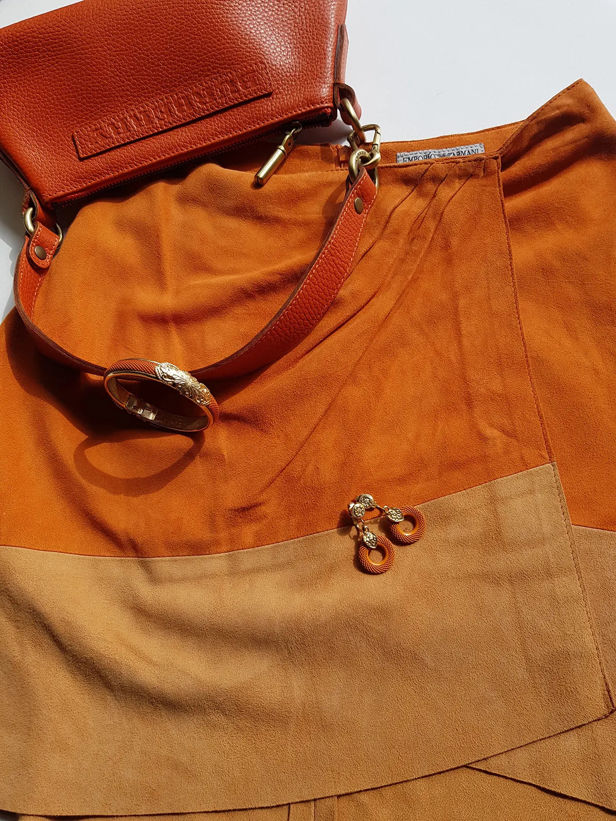 Emporio Armani Tangerine Mini Suit Set - 100% Buttery Soft Suede Leather - Structured & Tailored Two Piece - Jacket & Mini Skirt - Absolute Knockout for Summer / Autumn