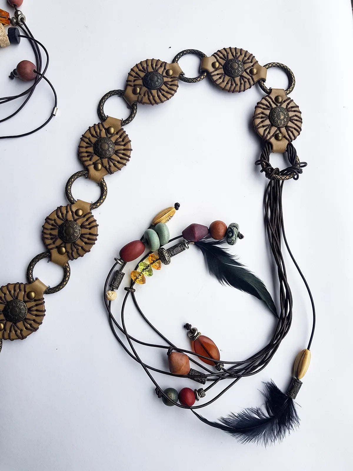 1970s Authentic Vintage Bohemian Tie Choker / Necklace / Belt - Handmade & Only 1 ever made - 100% Genuine Leather with Feathers & Stones - Metal & Wooden Carved Beads - Ultra Heavy - Gorgeous Greens Ambers and Browns