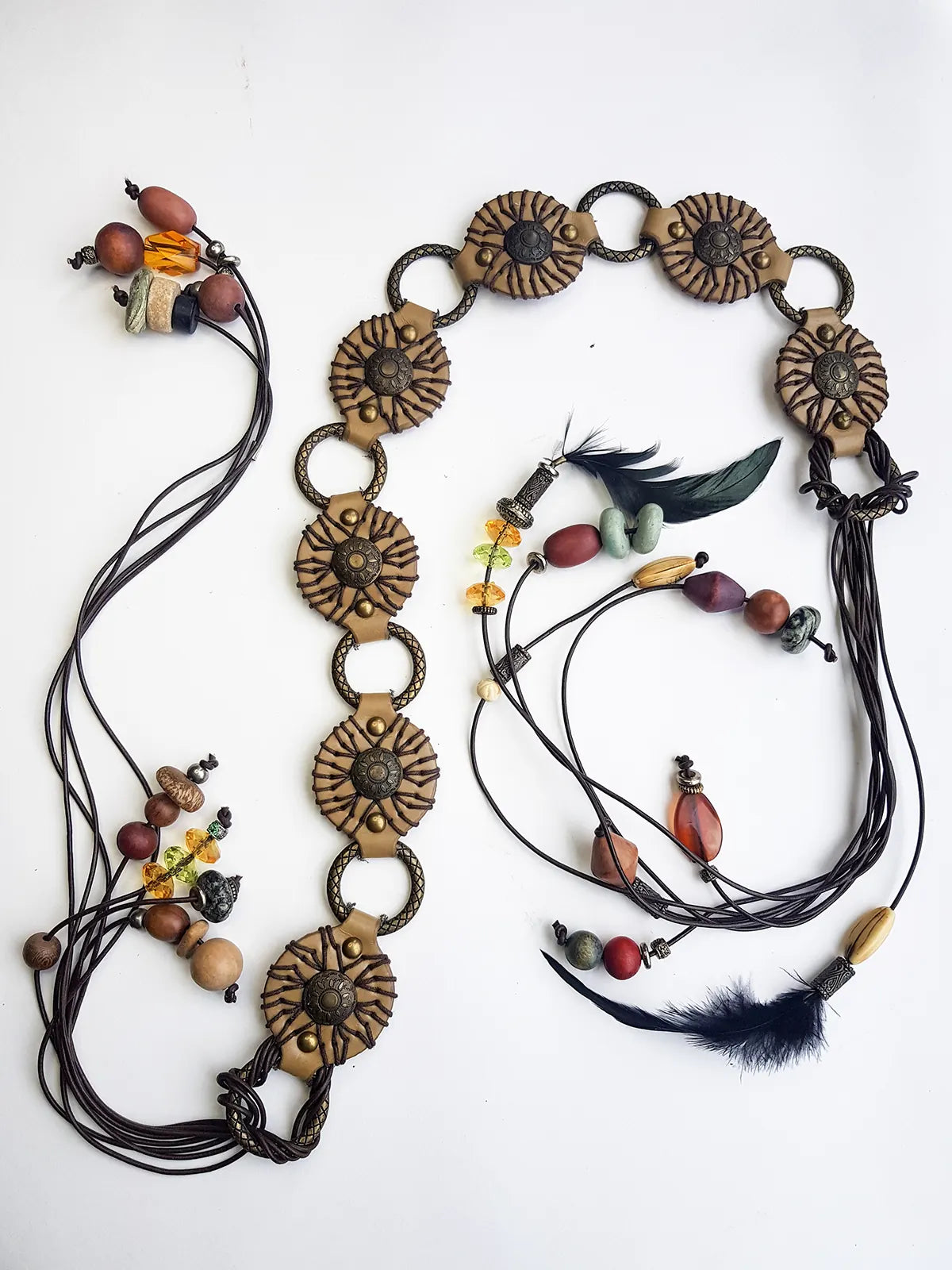 1970s Authentic Vintage Bohemian Tie Choker / Necklace / Belt - Handmade & Only 1 ever made - 100% Genuine Leather with Feathers & Stones - Metal & Wooden Carved Beads - Ultra Heavy - Gorgeous Greens Ambers and Browns