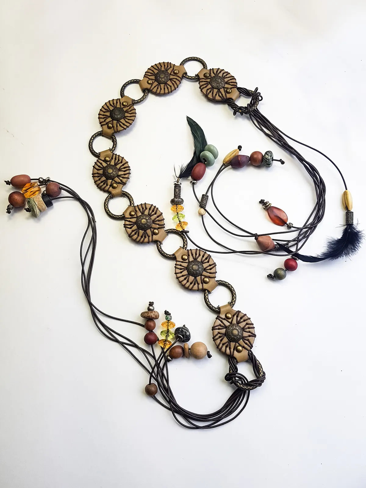 1970s Authentic Vintage Bohemian Tie Choker / Necklace / Belt - Handmade & Only 1 ever made - 100% Genuine Leather with Feathers & Stones - Metal & Wooden Carved Beads - Ultra Heavy - Gorgeous Greens Ambers and Browns