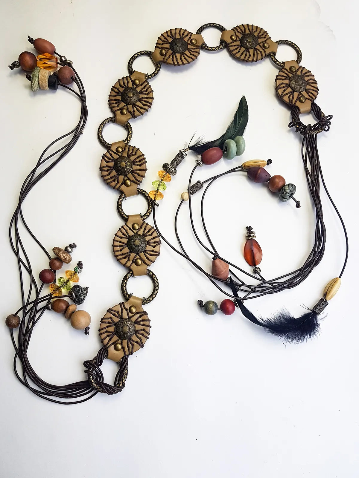 1970s Authentic Vintage Bohemian Tie Choker / Necklace / Belt - Handmade & Only 1 ever made - 100% Genuine Leather with Feathers & Stones - Metal & Wooden Carved Beads - Ultra Heavy - Gorgeous Greens Ambers and Browns