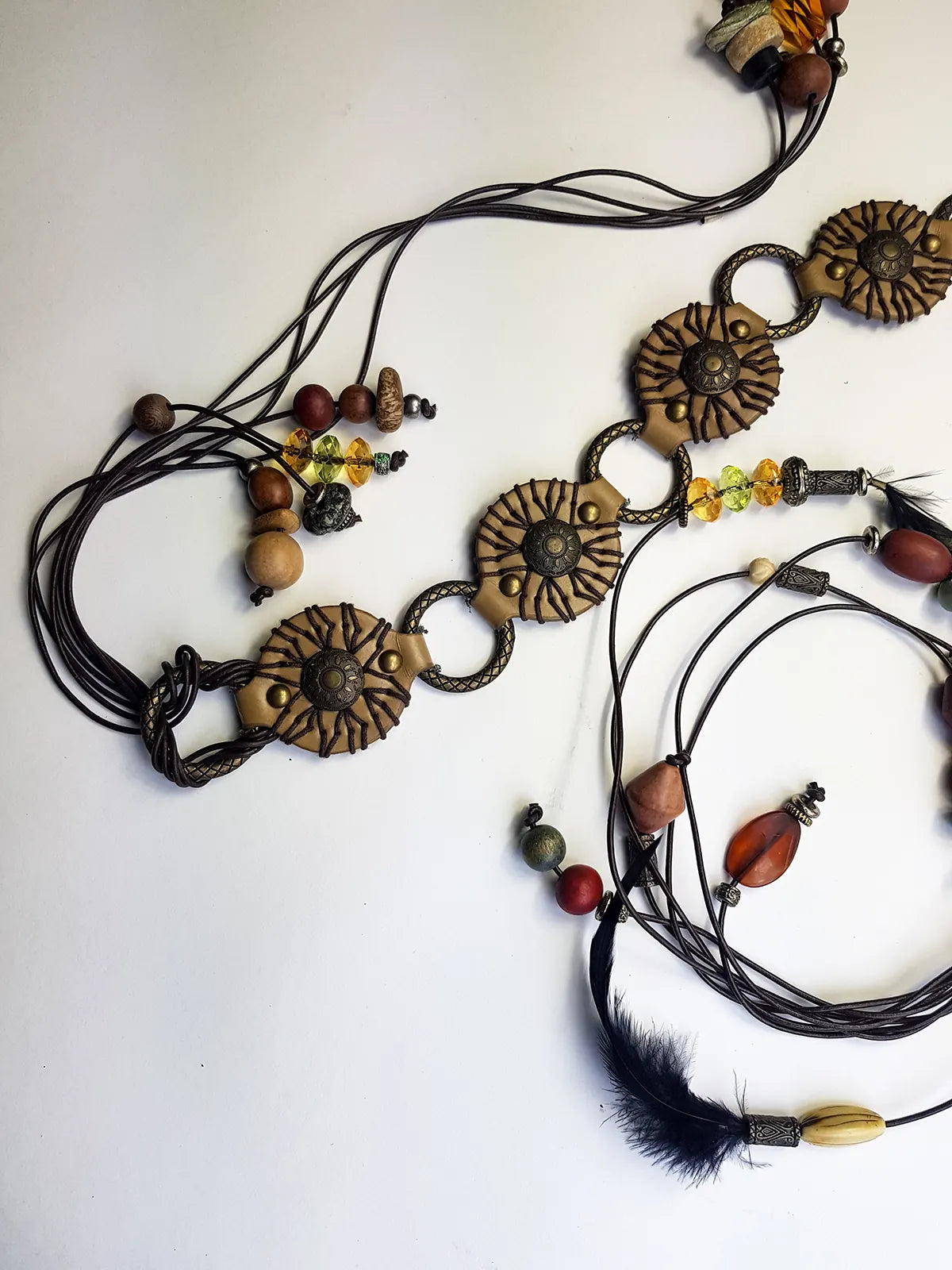 1970s Authentic Vintage Bohemian Tie Choker / Necklace / Belt - Handmade & Only 1 ever made - 100% Genuine Leather with Feathers & Stones - Metal & Wooden Carved Beads - Ultra Heavy - Gorgeous Greens Ambers and Browns