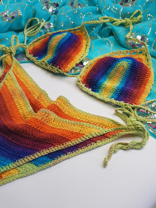 Authentic Original 1970s Handmade Crochet rainbow bikini - Two piece Swimsuit - Real Deal