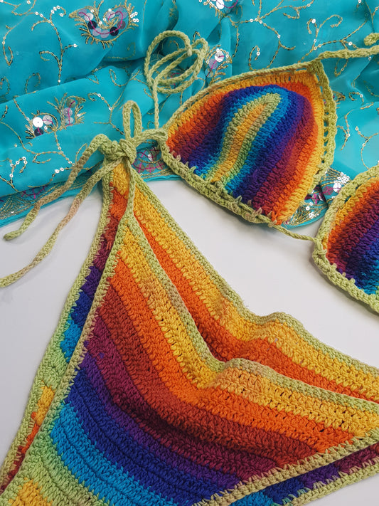 Authentic Original 1970s Handmade Crochet rainbow bikini - Two piece Swimsuit - Real Deal