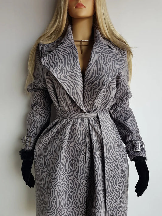 Vintage 2000s Vegan Suede Zebra Print Coat in Grey tones - Gorgeous tie waist - Super Buttery Soft - 100% vegan & Button up front with tie waist