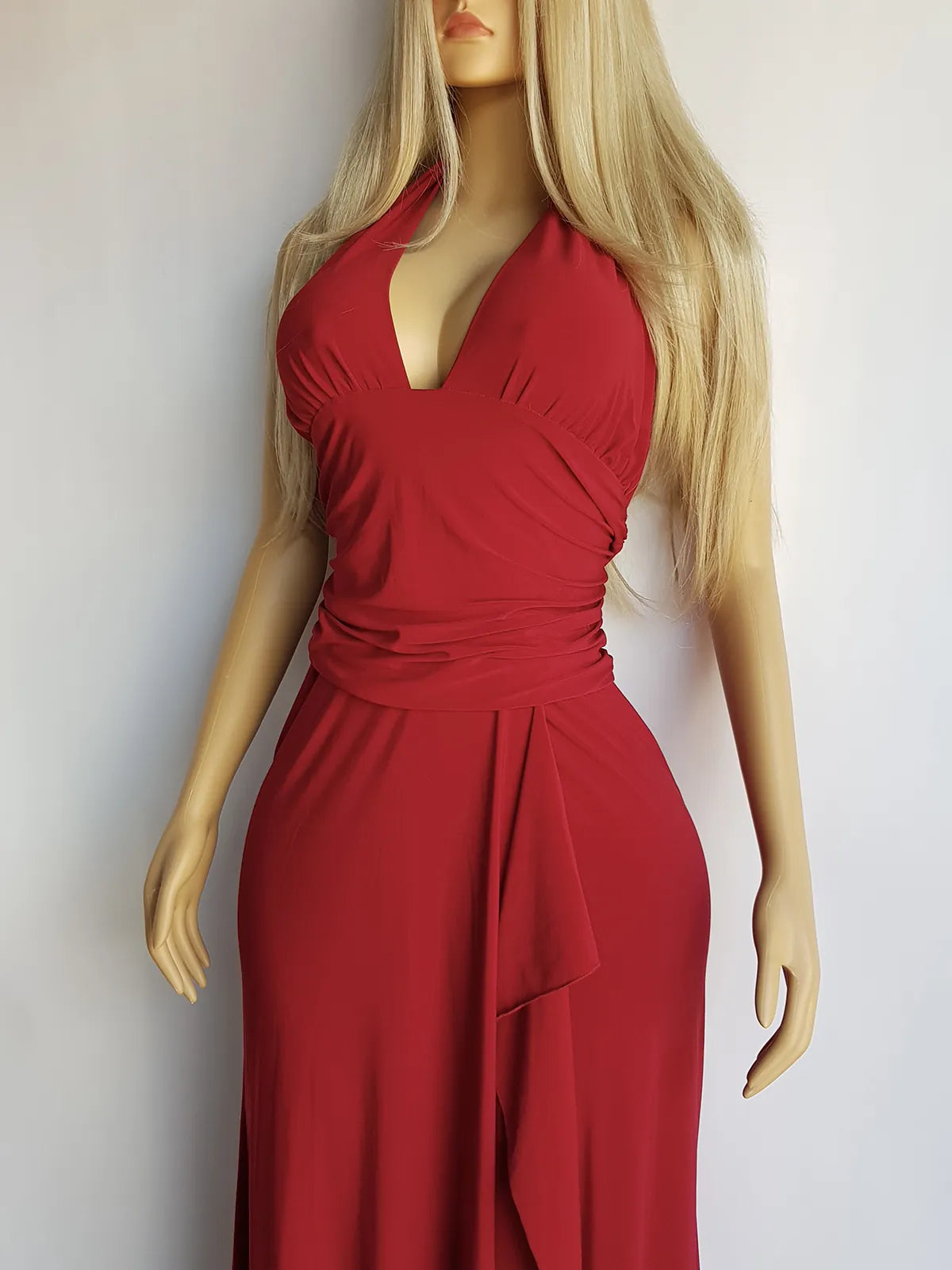 90s Super Sexy Red Goddess Gown - Absolutely Beautiful Silhouette with Halter Top & Hip Ruching - Stretch body hugging high quality draped jersey fabric