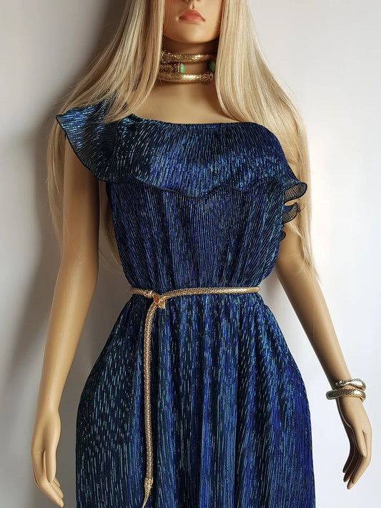 Authentic 1970s Grecian Sheer Gown in Metallic Blue - Flouncy Ruffles & Drapery - Very Halston & Studio54 style - Can be worn multiple ways off shoulder & asymmetrical