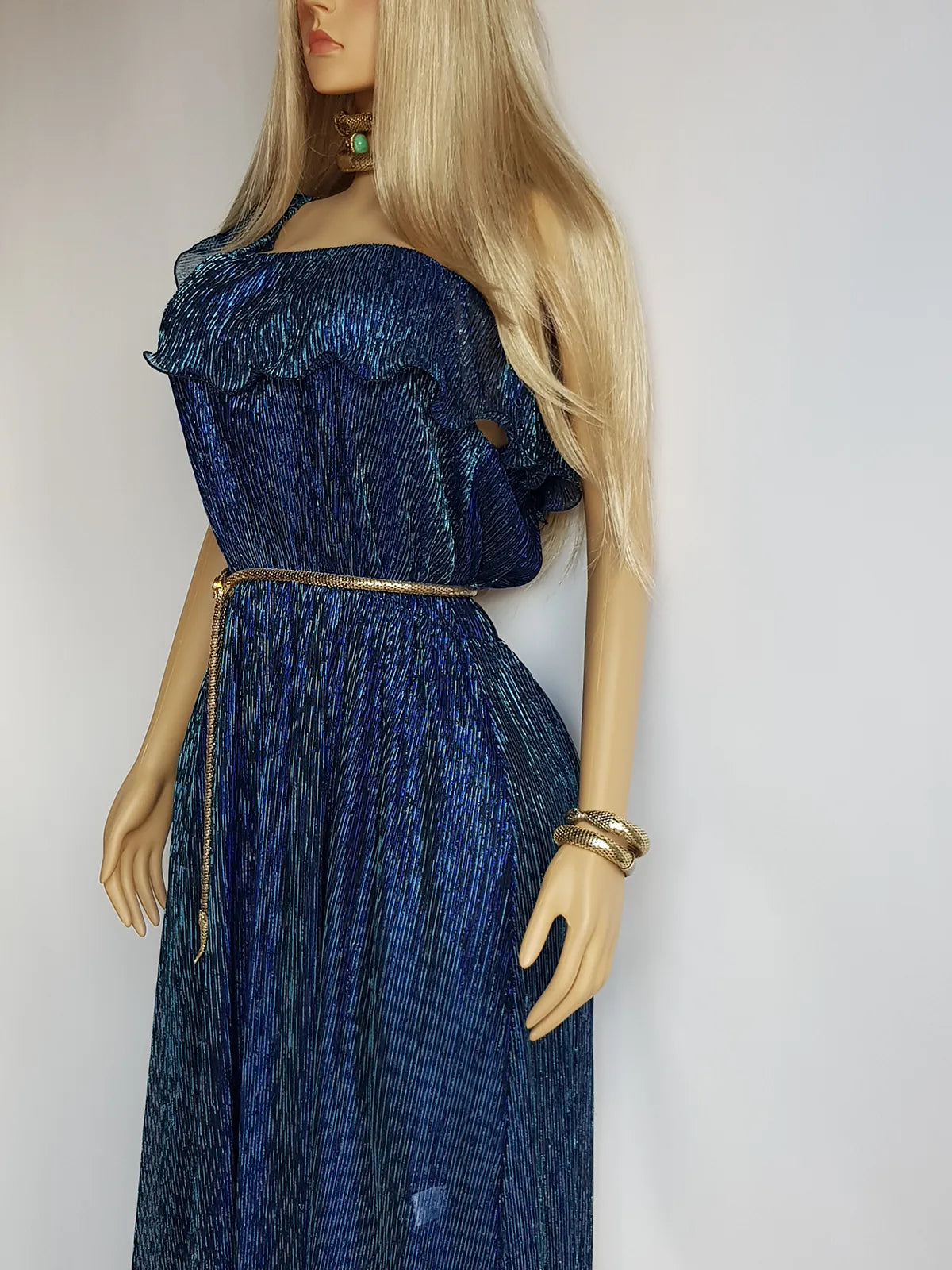 Authentic 1970s Grecian Sheer Gown in Metallic Blue - Flouncy Ruffles & Drapery - Very Halston & Studio54 style - Can be worn multiple ways off shoulder & asymmetrical