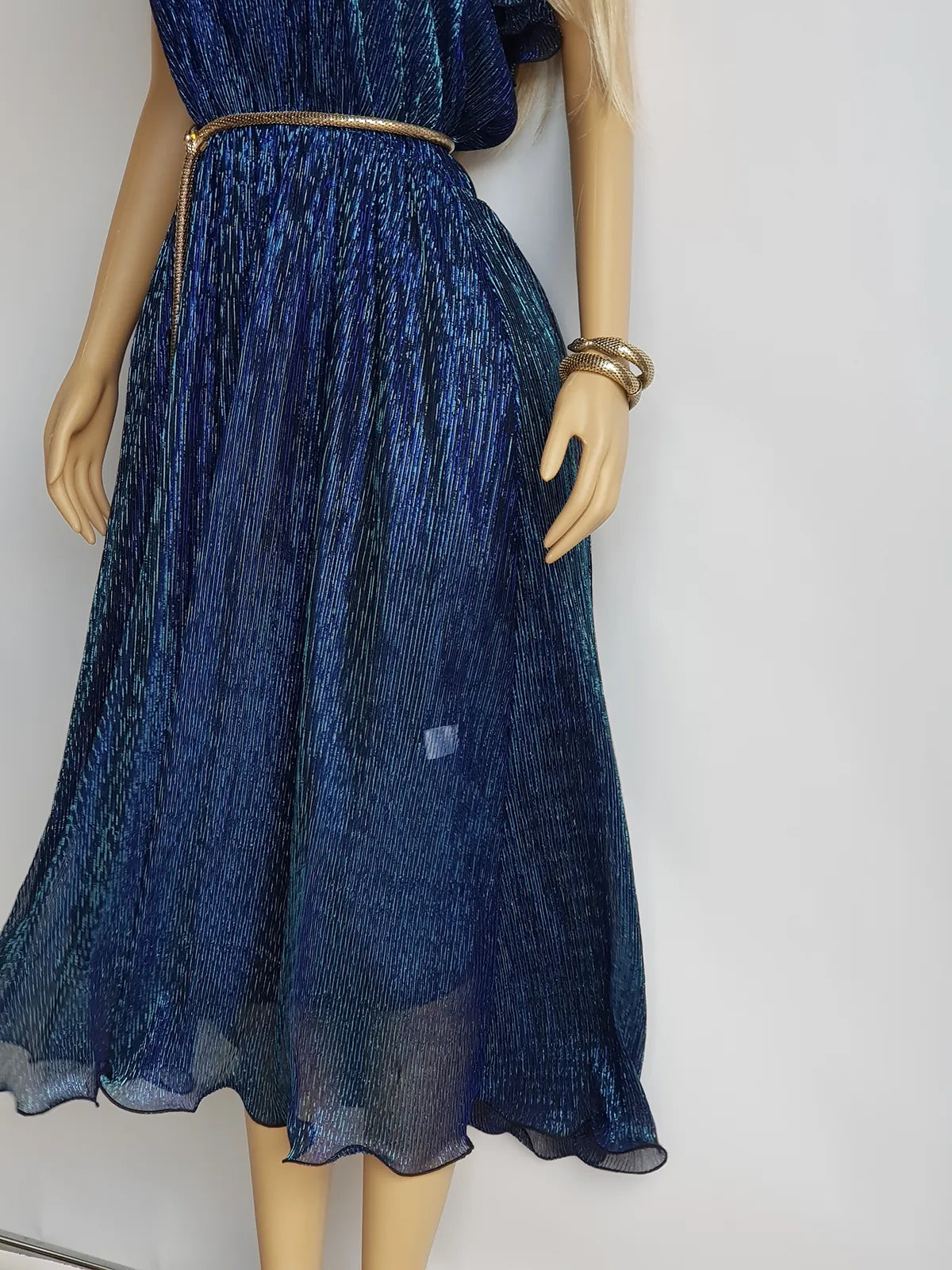 Authentic 1970s Grecian Sheer Gown in Metallic Blue - Flouncy Ruffles & Drapery - Very Halston & Studio54 style - Can be worn multiple ways off shoulder & asymmetrical