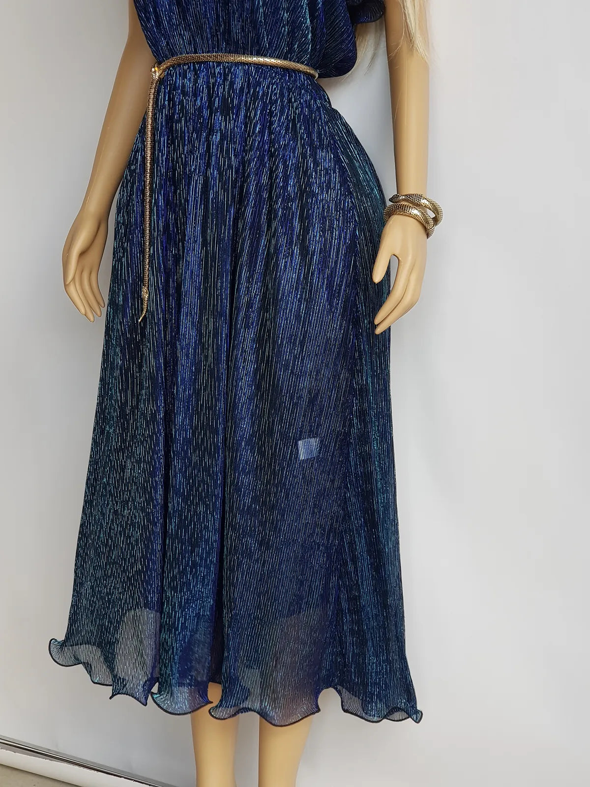 Authentic 1970s Grecian Sheer Gown in Metallic Blue - Flouncy Ruffles & Drapery - Very Halston & Studio54 style - Can be worn multiple ways off shoulder & asymmetrical