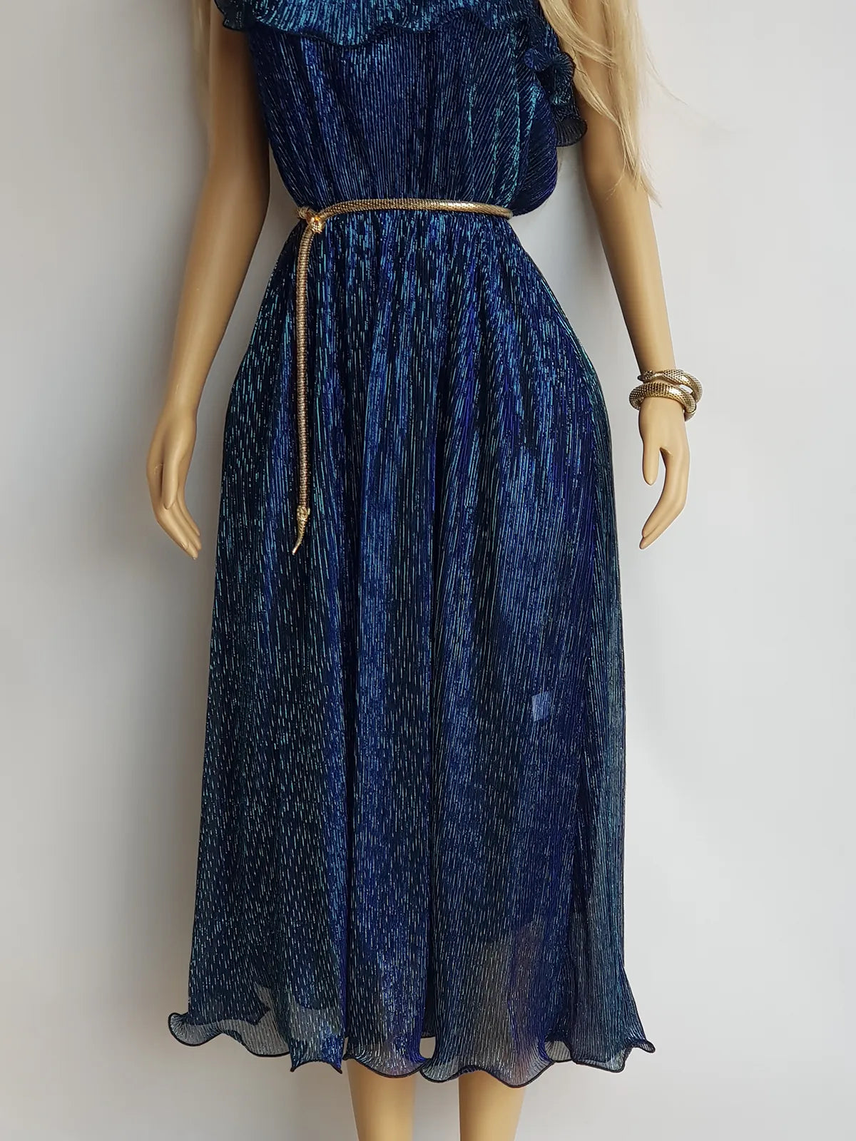 Authentic 1970s Grecian Sheer Gown in Metallic Blue - Flouncy Ruffles & Drapery - Very Halston & Studio54 style - Can be worn multiple ways off shoulder & asymmetrical