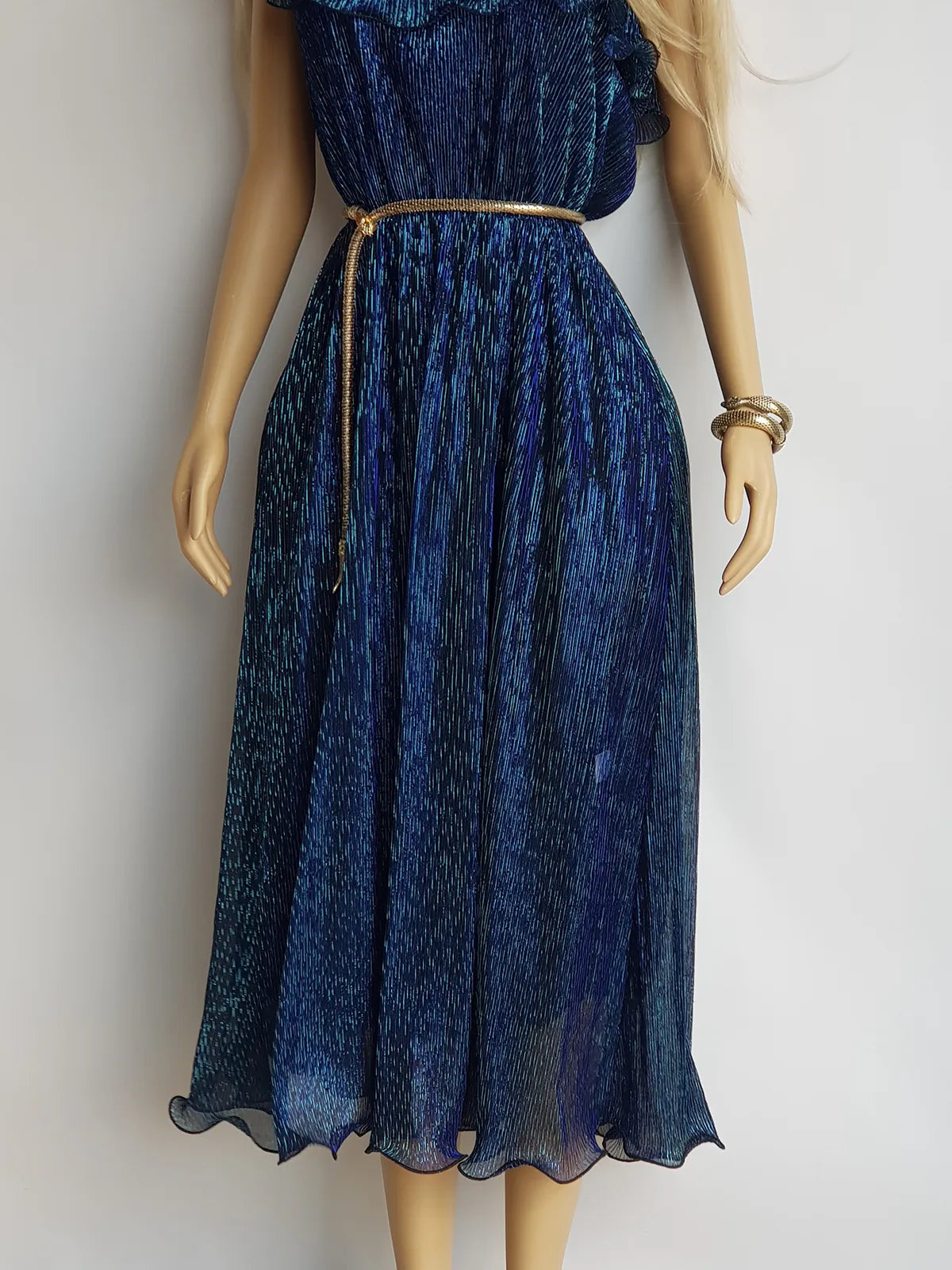 Authentic 1970s Grecian Sheer Gown in Metallic Blue - Flouncy Ruffles & Drapery - Very Halston & Studio54 style - Can be worn multiple ways off shoulder & asymmetrical