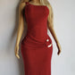 Iconic 90s Super Sexy Red Sparkle Gown - Absolutely Beautiful Silhouette & Hip Ruching with Silver Hardware Buckle that clings to the hip perfectly- Red with Red cast Diamonds in the fabric - Stretch body hugging high quality fabric