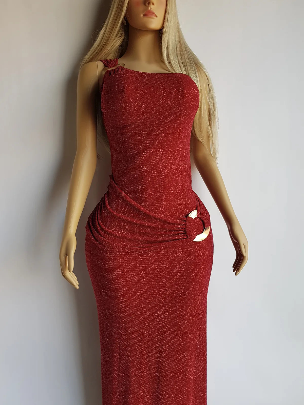 Iconic 90s Super Sexy Red Sparkle Gown - Absolutely Beautiful Silhouette & Hip Ruching with Silver Hardware Buckle that clings to the hip perfectly- Red with Red cast Diamonds in the fabric - Stretch body hugging high quality fabric