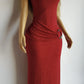 Iconic 90s Super Sexy Red Sparkle Gown - Absolutely Beautiful Silhouette & Hip Ruching with Silver Hardware Buckle that clings to the hip perfectly- Red with Red cast Diamonds in the fabric - Stretch body hugging high quality fabric