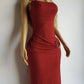 Iconic 90s Super Sexy Red Sparkle Gown - Absolutely Beautiful Silhouette & Hip Ruching with Silver Hardware Buckle that clings to the hip perfectly- Red with Red cast Diamonds in the fabric - Stretch body hugging high quality fabric