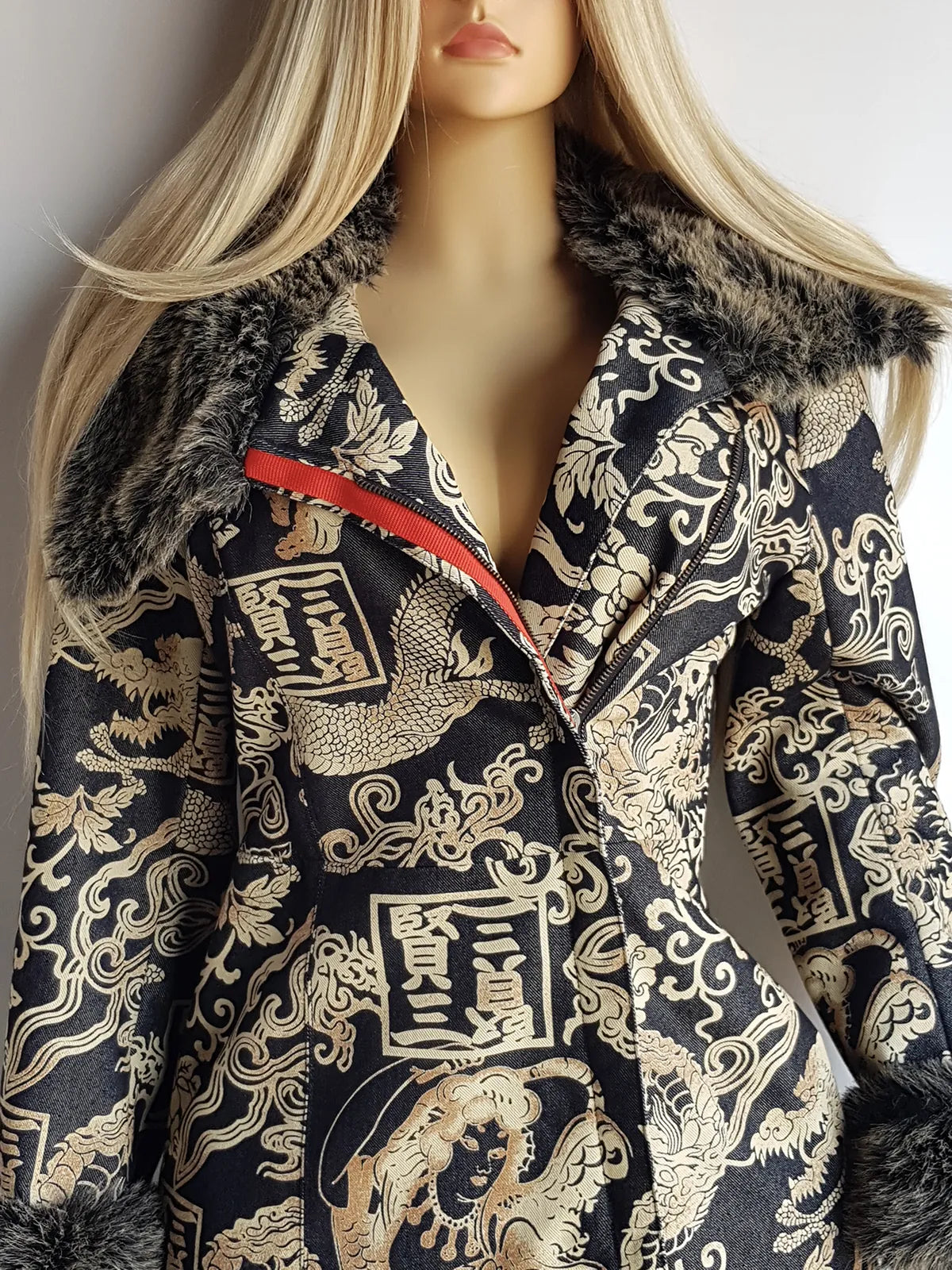 Rare 90s Kenzo France Dragon Denim Coat with Japanese Asian prints in 100% cotton - Made in Italy - Vegan Fur Collar - Fully Lined- Zip Front Closure - Dark Denim Blue with Taupe Gold Prints - Worn by Celebrities