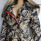 Rare 90s Kenzo France Dragon Denim Coat with Japanese Asian prints in 100% cotton - Made in Italy - Vegan Fur Collar - Fully Lined- Zip Front Closure - Dark Denim Blue with Taupe Gold Prints - Worn by Celebrities