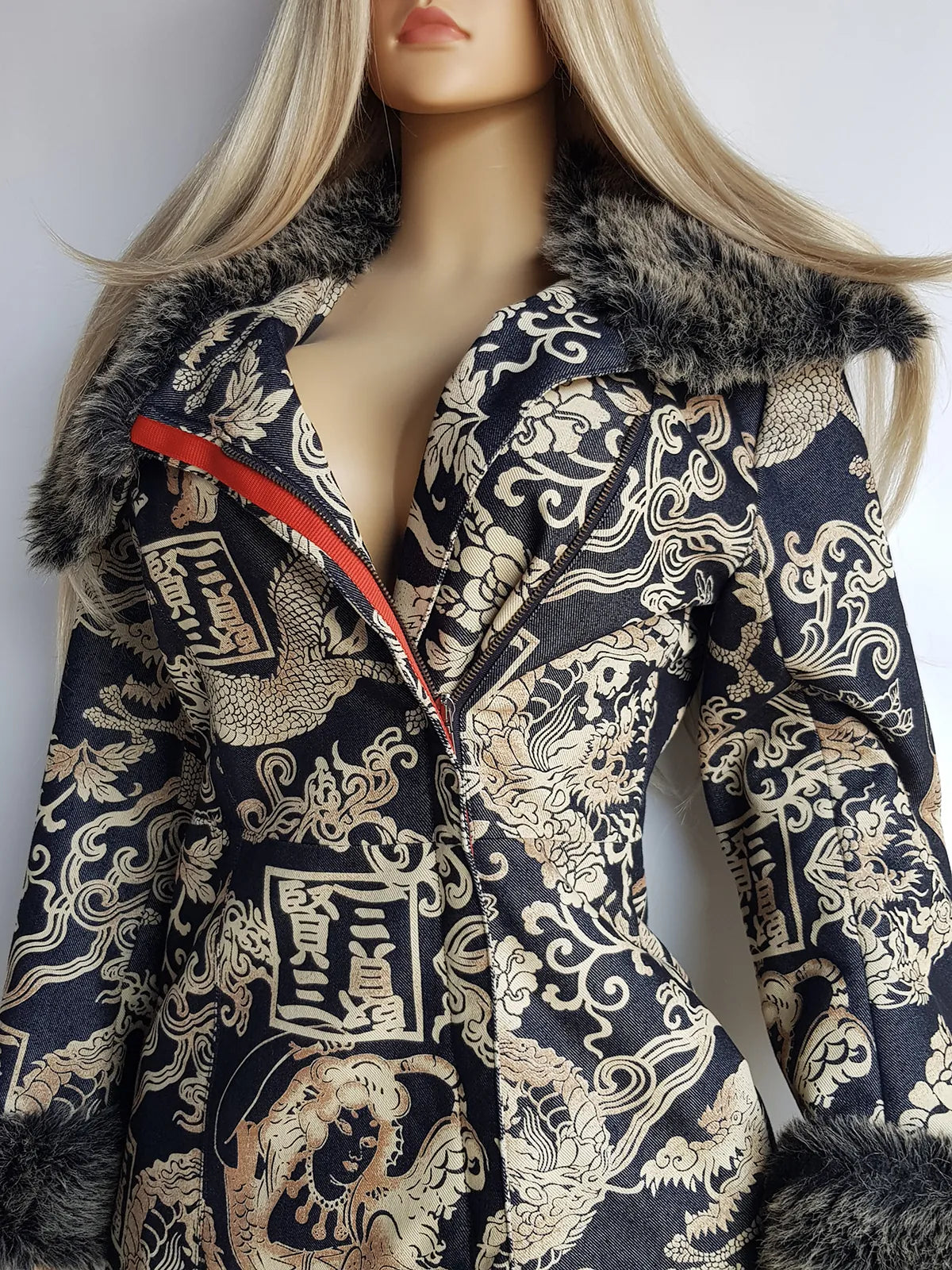 Rare 90s Kenzo France Dragon Denim Coat with Japanese Asian prints in 100% cotton - Made in Italy - Vegan Fur Collar - Fully Lined- Zip Front Closure - Dark Denim Blue with Taupe Gold Prints - Worn by Celebrities