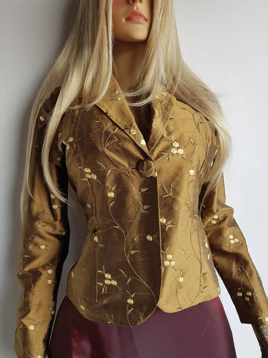 Rich Gold Fairytale 1990s Tailored Fitted Jacket with Full Embroidery- Florals in Light Cream Tones - Whimsical & Unique