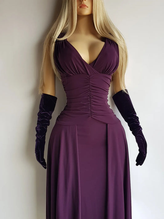 90s Sexy Purple Goddess Gown - Absolutely Beautiful Silhouette with Draped Bust & Waist Ruching - Stretch body hugging high quality draped jersey fabric