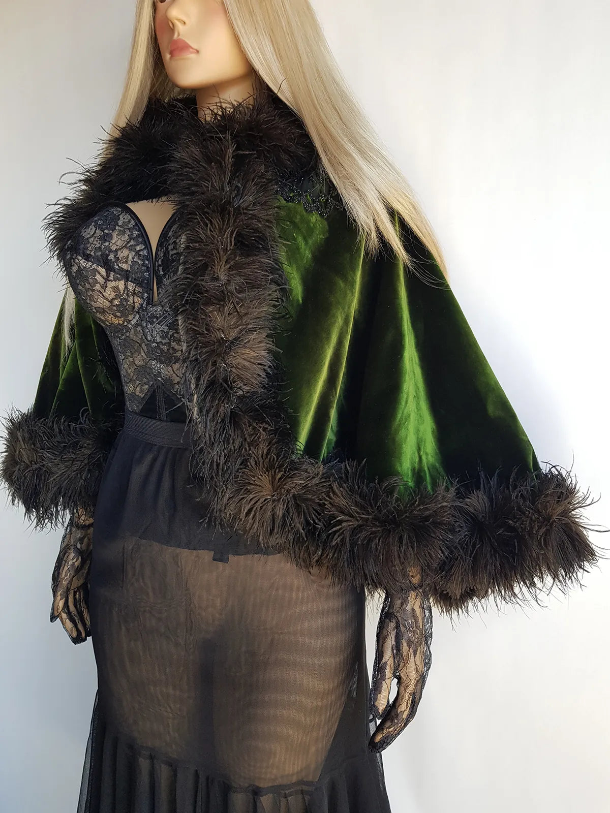 Antique 1800s Velvet Hand Beaded & Applique Lace Cape - Iridescent Vibrant Green - Ostrich Feather Trim