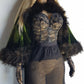 Antique 1800s Velvet Hand Beaded & Applique Lace Cape - Iridescent Vibrant Green - Ostrich Feather Trim