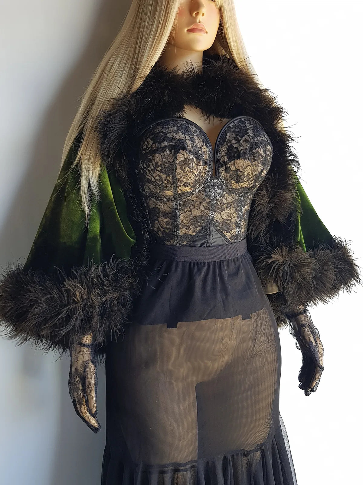 Antique 1800s Velvet Hand Beaded & Applique Lace Cape - Iridescent Vibrant Green - Ostrich Feather Trim