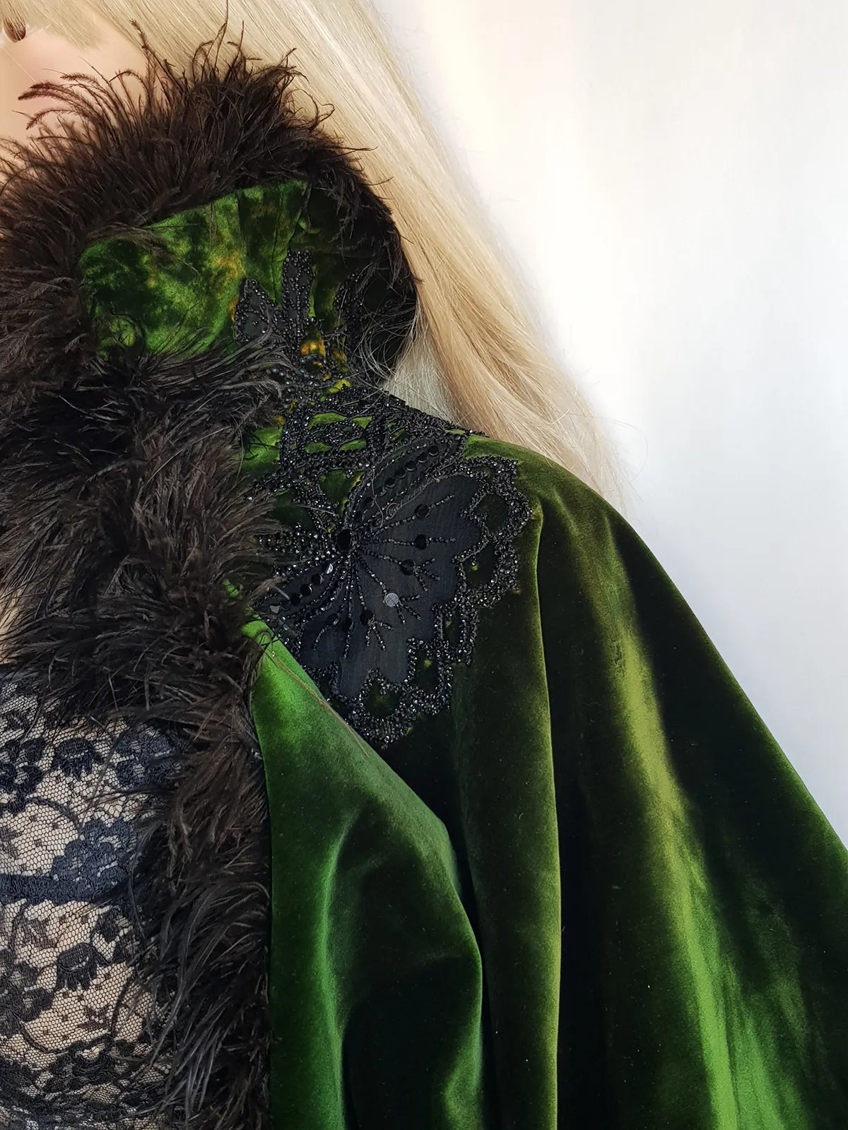 Antique 1800s Velvet Hand Beaded & Applique Lace Cape - Iridescent Vibrant Green - Ostrich Feather Trim