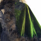 Antique 1800s Velvet Hand Beaded & Applique Lace Cape - Iridescent Vibrant Green - Ostrich Feather Trim