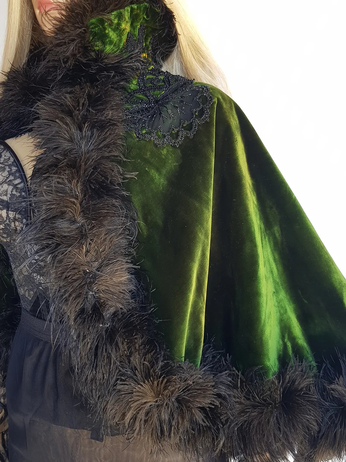 Antique 1800s Velvet Hand Beaded & Applique Lace Cape - Iridescent Vibrant Green - Ostrich Feather Trim