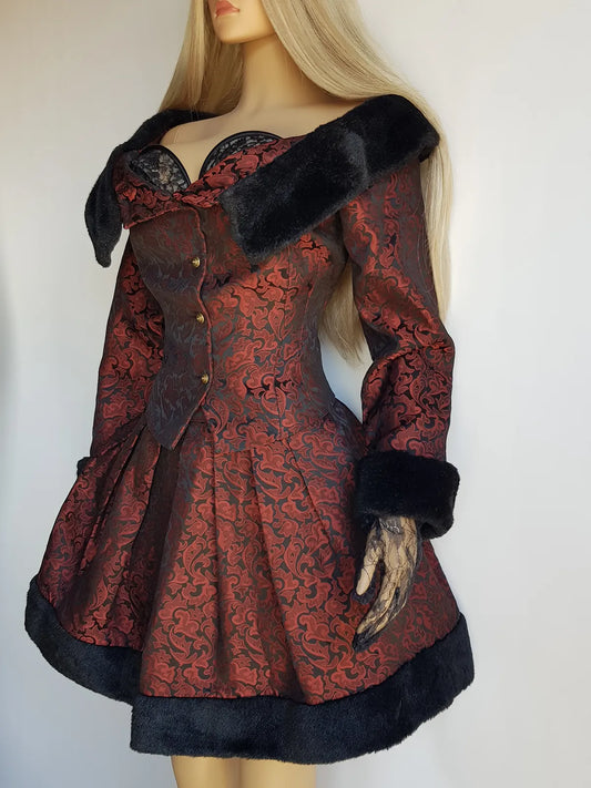 Italian Vintage Romantic Gothic Deep Red Brocade Jacket (1 Piece of a matching set)