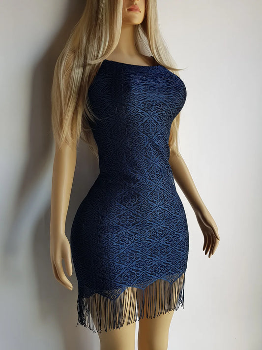 1990s Vintage Party Dress in Overlaid Lace & Diamond Tasseled Hemline - Rich Blue with Black - Thin straps & Tight Fitting