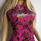 2000s Vintage Oriental Burnout Velvet Dress in Raspberry Pink & Green Florals - perfect for date night